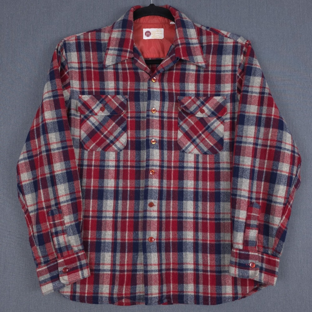 Vintage Sears Kings Road Flannel Shirt‎ Mens Large Plaid Loop Collar 1970s